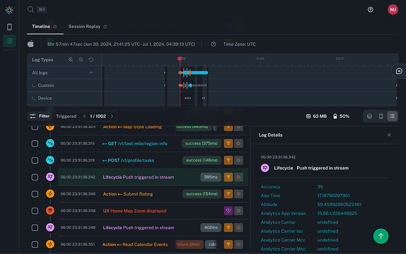 Session replay timeline view