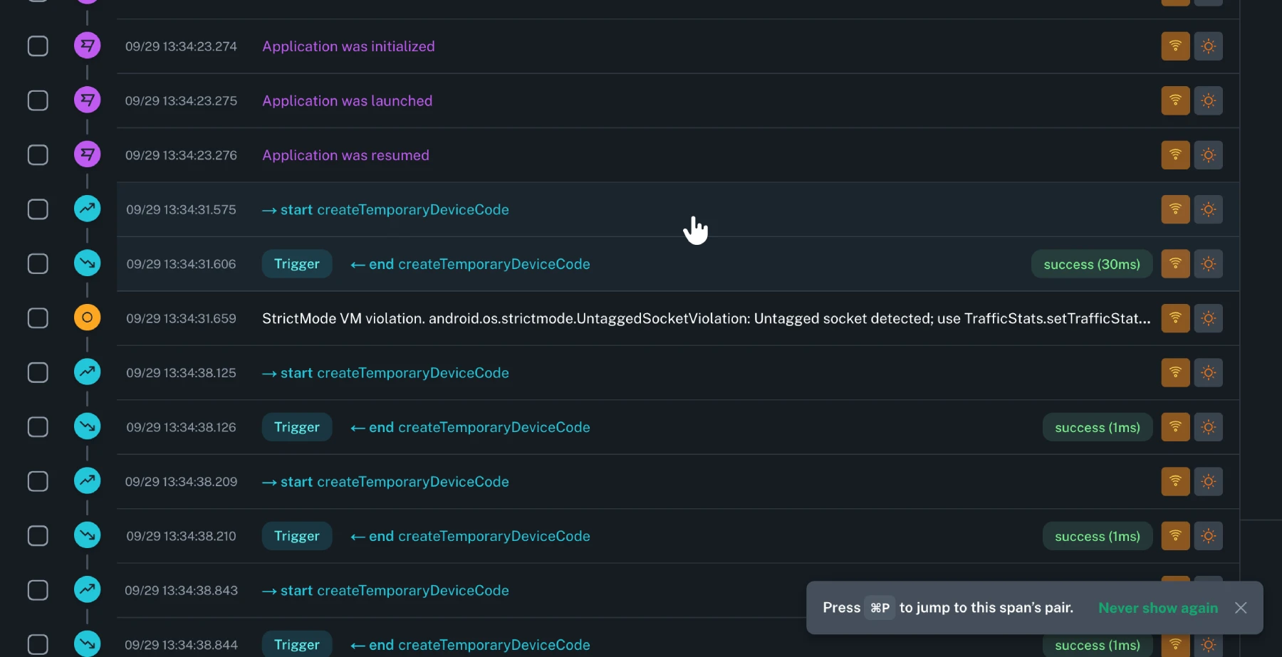 highlighted linked spans in timeline