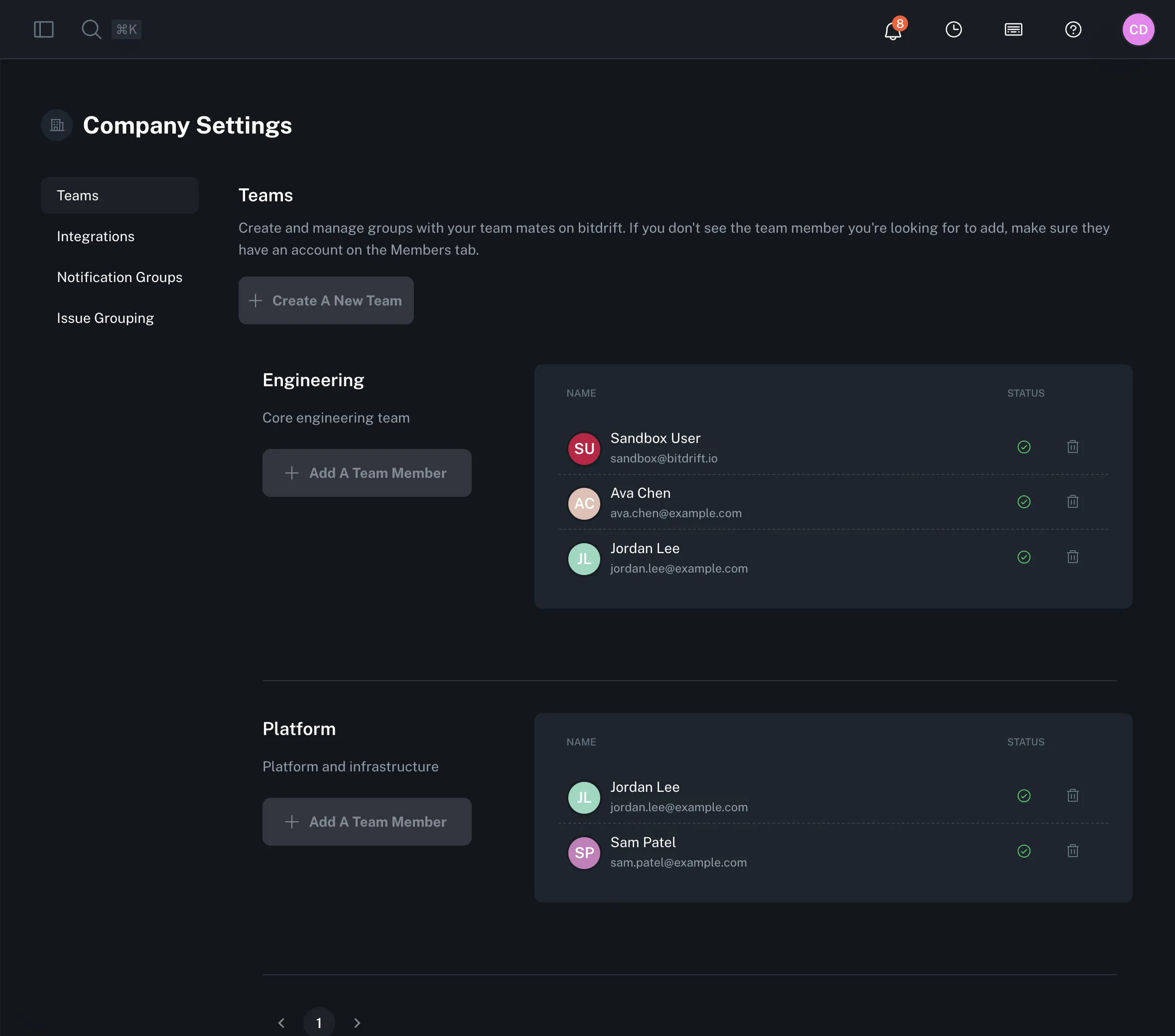 Company Settings Teams page showing team members